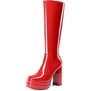⚡Women's Red pat Faux Leather Platform Heeled Knee High Long Chunky Tall Boot